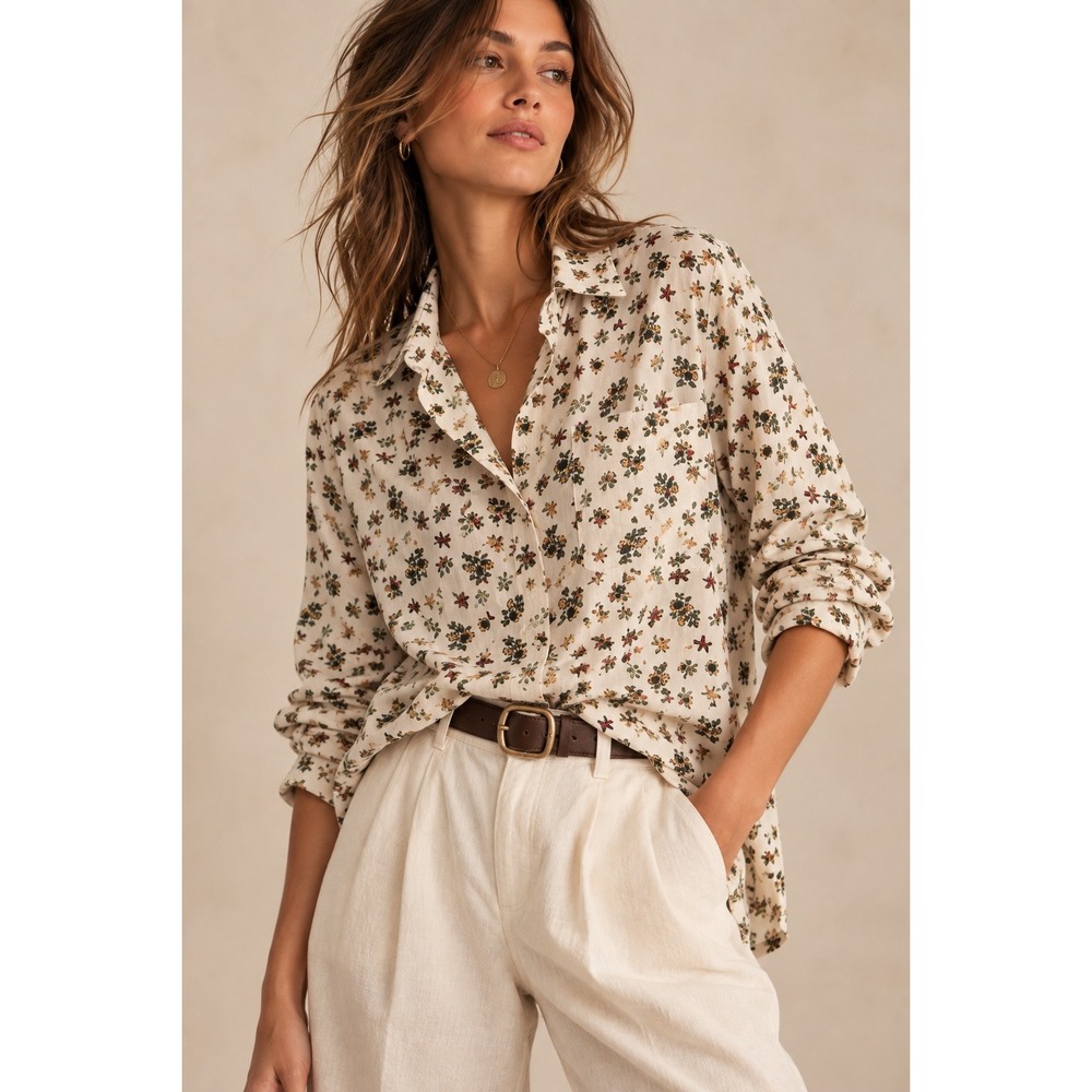 Karen Scott Womens Large Cotton Button Down Shirt Sunflower Fall Leaf Cream